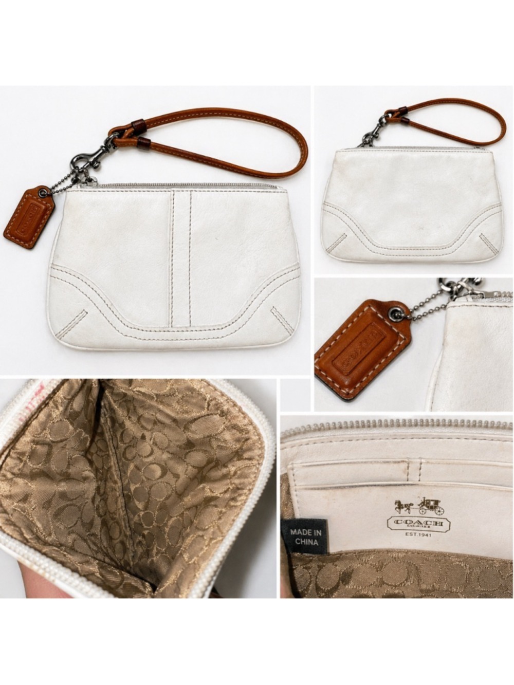 Coach White Leather Wristlet Wallet Clutch Zip Pouch Strap